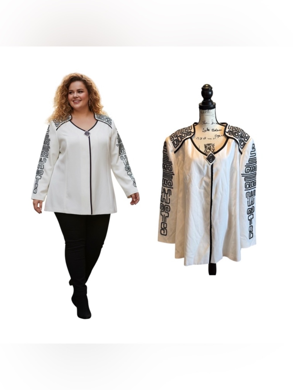 Lisa Rene Woman’s Blouse Jacket White Black Size 26 Plus Formal NWT Geometric